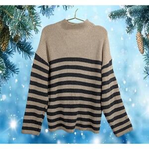 ST JOHNS BAY Sz XXL THICK Women's Striped Mock Neck Sweater Beige/Charcoal